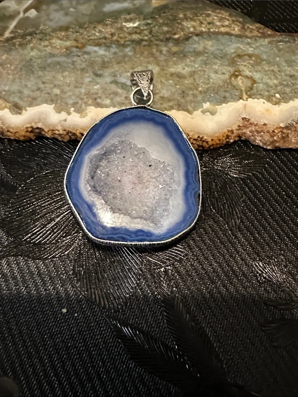 Artisan Blue and White Agate Druzy Pendant Necklace
